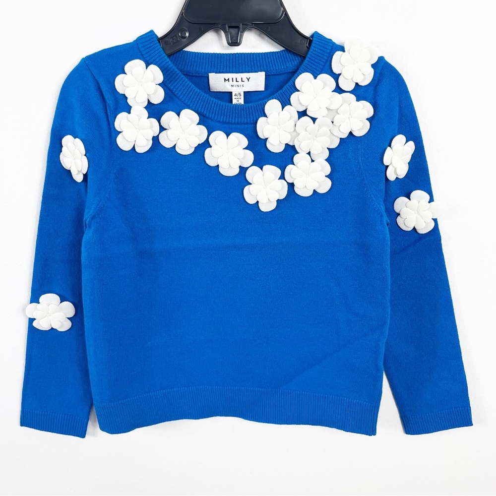 Milly Minis 3D Floral Appliqué Pullover Sweater Size 4/5 NWT Aqua Blue